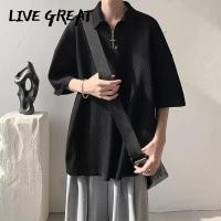 ราคา LIVE GREAT เสื้อโปโลผู้ชายวาฟเฟิลฤดูร้อนหลวมสบาย ๆ สีทึบอเมริกันครึ่งซิปคู่แขนสั้น (22471364588)