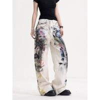 ราคา กางเกงยีนส์ผู้หญิงแบบวินเทจกราฟฟิตี พิมพ์ลาย กางเกงหลวมขากว้างทรงยาว (56901637025)