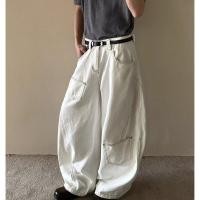 ราคา LIVE GREAT กางเกงยีนส์ผู้ชายอเมริกันย้อนยุคเอวสูงหลวมสีขาว High Street Design Sense Matchet กางเกง (40623505542)