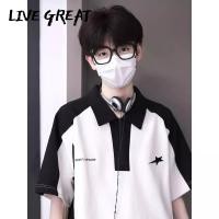 ราคา LIVE GREAT ผู้ชายเสื้อโปโลคมชัดสีเย็บสั้น แขนย้อนยุคอเมริกันฤดูร้อนปกสไตล์วิทยาลัยหนักคู่ด้านบน (21081702042)
