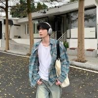 ราคา 2024 เสื้อเชิ้ตแปรงผู้ชายสไตล์ใหม่ลายสก๊อตสีน้ําเงินแขนยาว (29365871445)