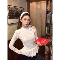 ราคา เสื้อยืดแขนยาวเปิดไหล่ลายจุดสำหรับผู้หญิงในฤดูหนาว 251108 (56551027886)