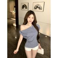 ราคา เสื้อแขนสั้นเปิดไหล่ลายสก๊อตผู้หญิงฤดูร้อนด้านบน 250625 (40156025109)