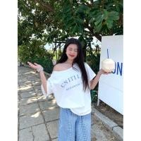 ราคา ฤดูร้อนสบายๆที่เรียบง่ายผู้หญิงไหล่เฉียงหลวมพิมพ์เสื้อยืด 250505 (29536070538)