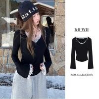 ราคา ฤดูใบไม้ร่วงผู้หญิงเกาหลีลูกไม้เย็บปะติดปะต่อกันคอวีสลิมฟิตแขนยาวเสื้อยืด 250109 (27223092607)