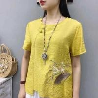 ราคา ท็อปเสื้อยืดผู้หญิงสไตล์ศิลปะย้อนยุคผ้าฝ้ายลินินแขนสั้นหลวมปกปิดหน้าท้องหรูหรา (29336959656)