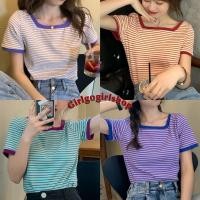 ราคา พร้อมส่ง เสื้อยืดคอเหลี่ยมลายทาง เสื้อยืดยาวเต็มตัว สไตล์เกาหลี no 8 (7939230096)