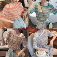 ราคา เสื้อปาดไหล่สายเดี่ยวไหมพรมแขนสั้น ลายทาง สไตล์เกาหลี no 15 (3539354395)