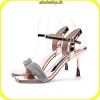 ราคา รองเท้าส้นสูง หัวแหลม แต่งสายรัดข้อเท้า สีเงินแชมเปญ (54701199494)