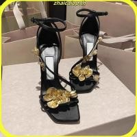 ราคา รองเท้าส้นสูงหนังแท้แบบสายเดี่ยว 2024 ฤดูร้อน หัวเข็มขัด ประดับเพชร สไตล์สังคม รองเท้าแตะเปิดนิ้วเท้าใหม่ โลหะ สำหรับผู้หญิง (40170841972)