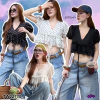 ราคา TW22770 เสื้อครอปผ้าชีฟอง คอวี ชายระบาย (47551258127)