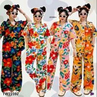 ราคา TW22392 set 3 ชิ้น เสื้อปกฮาวาย ลายดอกไม้ กางเกงขายาว กับสายโบว์ (44203210839)