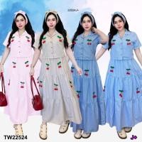 ราคา TW22524 set 3 ชิ้น เสื้อครอป กระโปรงยาว กับสายโบว์ผูกน่ารักๆ แต่งเข็มกลัดเชอร์รี่ (44012315333)