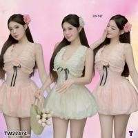 ราคา TW22474 เดรสสั้นผ้าลูกไม้คอตตอน ติดดอกไม้หน้าอก (42251144451)