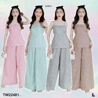 ราคา TW22481 set 2 ชิ้น เสื้อสายเดี่ยวลายริ้ว สายโบว์หลัง กางเกงริ้วขายาว (41751250883)