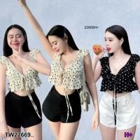 ราคา TW22669 Set 2 ชิ้น เสื้อแขนตุ๊กตา Polka dot กางเกงขาสั้น ดีเทลผูกโบว์หน้า (41624893395)