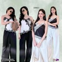 ราคา TW22686 Set 2 ชิ้น เสื้อสายเดี่ยวลูกไม้ กางเกงขายาว (40575445455)