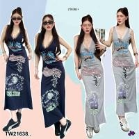 ราคา TW21638 เดรสยาวคอวี คอเสื้อแต่งผ้าลูกไม้ ผูกโบว์อก (40552464035)