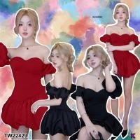 ราคา TW22429 เดรสสั้นแขนปาดไหล่ตุ๊กตา (29584023607)