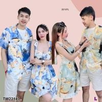 ราคา TW22147 เซทคู่ 2 ชิ้น เสื้อฮาวาย เดรสสั้นผูกไหล่ ลายหินอ่อน (29416510924)