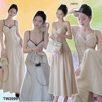 ราคา TW20991 เดรสยาวเรียบหรู สายเดี่ยวตัดกับสีชุด (29411268795)