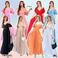 ราคา TW21162 เดรสยาวแขนพอง สายผูกคอ กระโปรงอัดพลีท TW18361 (29106528106)