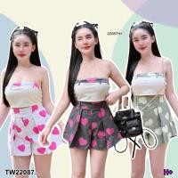 ราคา TW22087 Set 2 ชิ้น เสื้อเกาะอก กางเกงขาสั้น ลายหัวใจ (28814338356)