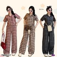 ราคา TW22317 Set ลายสก็อต 3 ชิ้น เสื้อครอป กางเกงขายาว สายผูกโบว์ (28724824388)