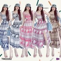 ราคา TW22262 เดรสคอเหลี่ยม ระบาย 3 ชั้น ลายช้าง (28472023195)