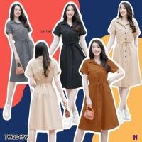 ราคา TW20479 เดรสแขนสั้น กระดุมหน้า เอวรูดเชือก (28451563944)