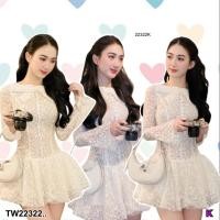 ราคา TW22322 เดรสสั้นลูกไม้แขนยาวแต่งโบว์คอ (26425077964)