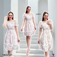 ราคา TW22587 เดรสสั้น เปิดไหล่ ผ้าชีฟอง ลายดอกไม้ ใส่สบาย แพตเทิร์นปังมาก (25847101799)