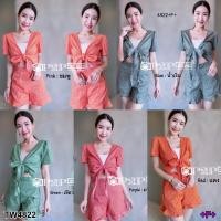 ราคา TW4822 Set 2 ชิ้น เสื้อลายไทยผูกโบว์ข้างหน้า กางเกงระบาย (25722105545)