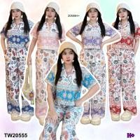 ราคา TW20555 Set 2 ชิ้น เสื้อเชิ้ตแขนสั้นพิมพ์ลาย แบบครอป กางเกงขากระบอกยาว เสื้อครอป (25572247016)