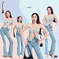 ราคา TW21568 เสื้อสายเดี่ยวผ้าลินินลายเสือ แต่งกระดุมกะลา (25043901698)