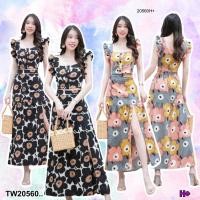 ราคา TW20560 set 2 ชิ้น เสื้อครอปแขนระบายลายดอกเมกโกะ กระโปรงยาว (24922793760)