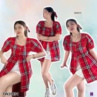 ราคา TW20491 Set 3 ชิ้น เสื้อแขนตุ๊กตาผ่าหน้า พิมลายสก็อต กางขาสั้น โบว์ผูกผม (24822833381)