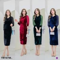 ราคา TW16798 เดรสกำมะหยี่ แขนยาวแต่งแขนชีฟอง คอถ่วง (24655887631)