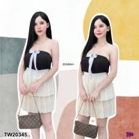 ราคา TW20345 Set 2 ชิ้น เสื้อเกาะอก ผ้ายืดร่อง อกติดโบว์ กระโปรงสั้น 2 ชั้น อัดพลีท (24511270492)