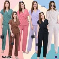 ราคา TW20098 Set 2 ชิ้น สาวอวบ เซทเสื้ออกไขว้ คอถ่วง กางเกงขายาว (24500752553)