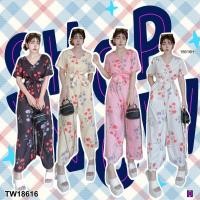 ราคา TW18616 Jumpsuit จั้มสูทแขนสั้น ขายาวกว้าง ลายดอกไม้ สายผูกเอว (24115513160)