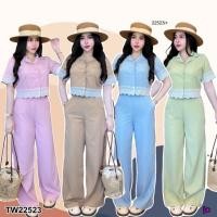 ราคา TW22523 Set 2 ชิ้น เสื้อเชิ้ตครอป แต่งลูกไม้ กางเกงขายาว เซตผ้าไหมญี่ปุ่น ผ้าเนื้อดี ใส่สบาย (24046276459)