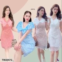 ราคา TW20572 เดรสแขนกุดผ้าลายลูกไม้ อกแต่งโบว์ (24023113855)