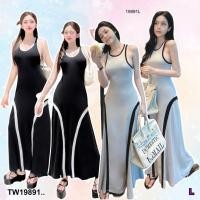 ราคา TW19891เดรสยาว แขนกุด เข้ารูป แต่งผ้าตัดต่อข้าง (23889995147)