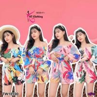 ราคา TW18590 set 2 ชิ้น เสื้อไหล่ปาด แขนพอง ลายใบไม้ กางเกงขาสั้น เอวผูกโบว์ (23737282329)