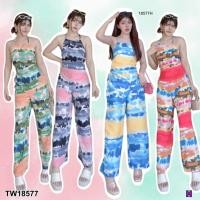 ราคา TW18577 Set 2 ชิ้น เสื้อสายเดี่ยวคล้องคอ โบว์หลัง กางเกงขากระบอก พมพืลายมัดย้อม (23537233847)