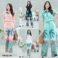 ราคา TW16154 Set 2 ชิ้น เสื้อปกเชิ้ตแขนเบิ้ลติดกระดุมด้านหน้า กางเกงขายาวเอวยางยืดด้านหลัง (23437227191)