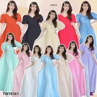 ราคา TW18361 เดรสยาวแขนพอง สายผูกคอ กระโปรงอัดพลีท (23220437491)