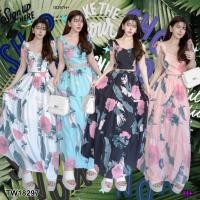 ราคา TW18297 Set 2 ชิ้น เสื้อครอป สายเดี่ยวผูกไหล่ลายใบไม้ กระโปรงยาวลายใบไม้ (23035345350)