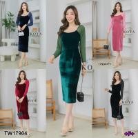 ราคา TW17904 เดรสกำมะหยี่สีพื้นแขนยาว (22905627802)